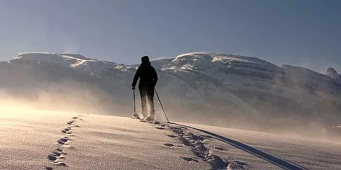 クライマーが雪山で一人歩いている画像